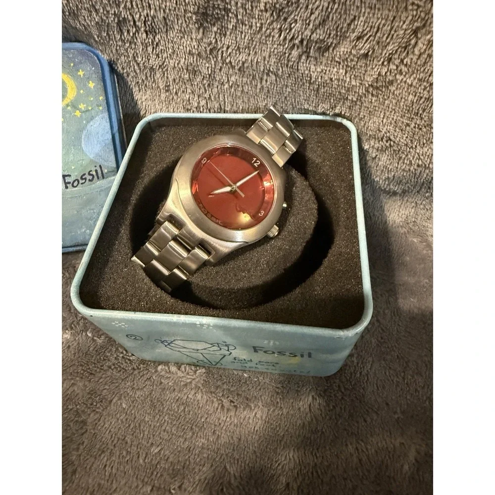 Vtg Fossil Kaleido‎ stainless steel wristwatch With Box Needs Battery